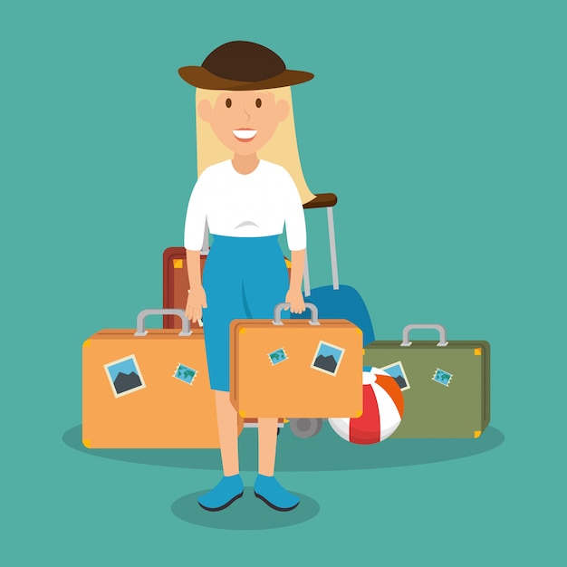 Free vector woman traveler with suitcase character