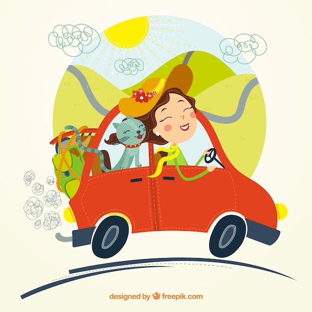 Free vector woman traveling with her cat