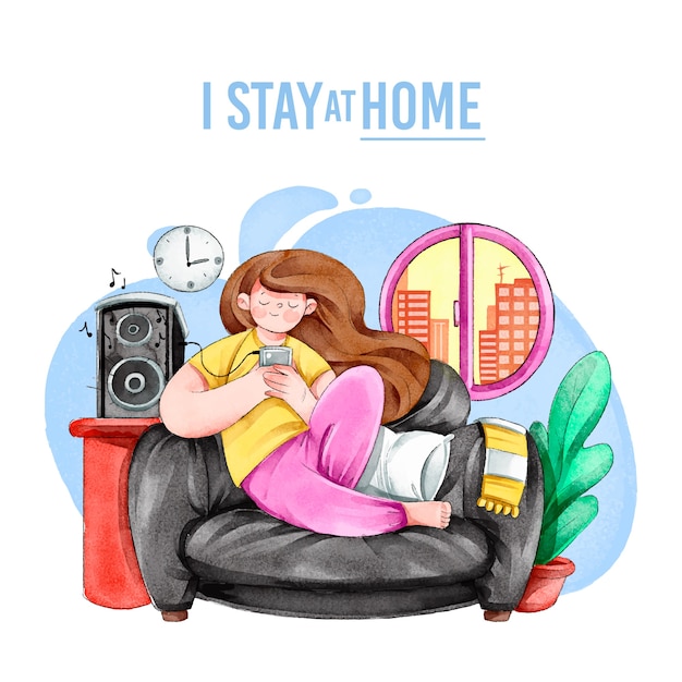 Free vector woman using phone sitting on couch