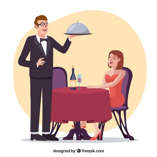 woman and waiter in elegant restaurant