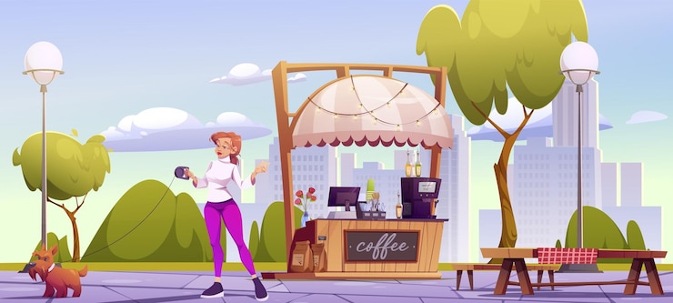 Free Vector woman walking dog on leash near coffee shop in summer city park vector cartoon illustration of female character with pet in public garden small outdoor cafe street lanterns cityscape background