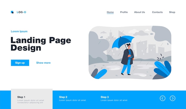 Woman walking in rain with umbrella landing page in flat style. girl enjoying autumn season and rainy weather in city