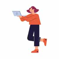 Free vector woman walking using laptop