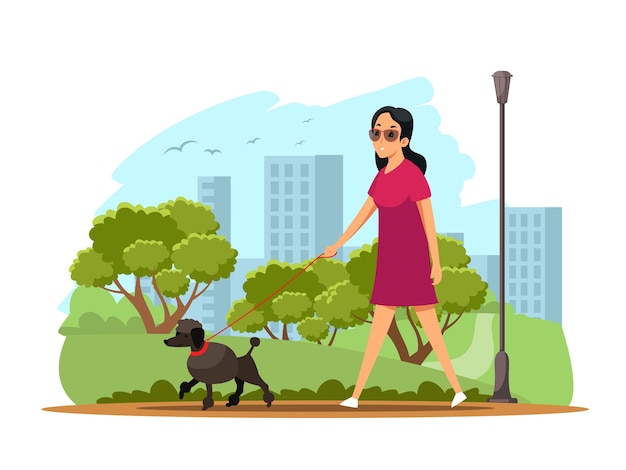 공공 도시 공원 그림에서 강아지와 함께 산책하는 여자 행복한 소녀는 목줄에 개를 끌고 웃고 있습니다. 자연 장면의 도시 생활 산책하는 젊은 여성 캐릭터