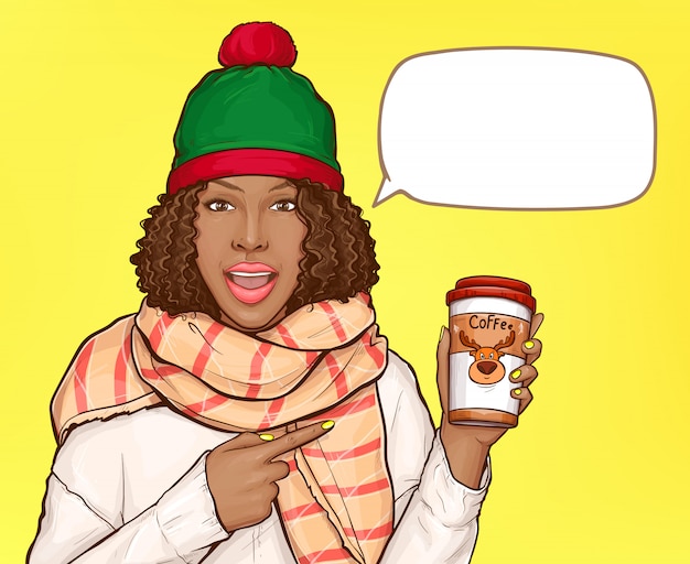 Woman in warm clothes with cup of coffee and blank speech bubble