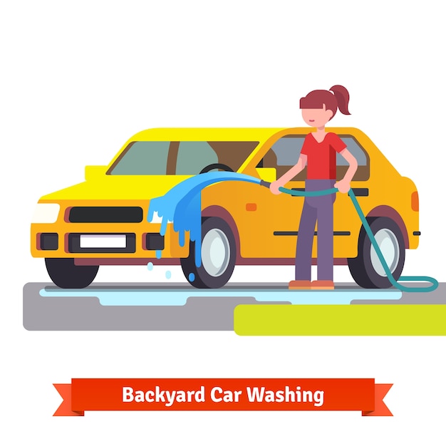 woman washing her family car with spraying hose