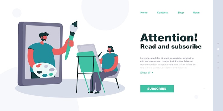 Free Vector woman watching drawing workshop online. flat vector illustration. girl with of easel, giant tablet, teacher leading painting master class. online education, distance learning, drawing concept