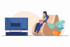 Бесплатное векторное изображение Женщина смотрит фильм или шоу по телевизору.