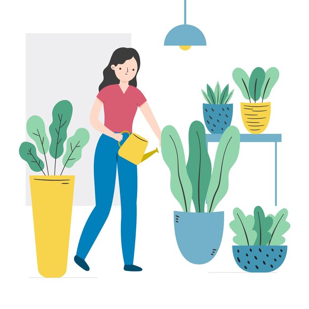 Woman watering her home plants