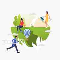 Free vector woman watering plant, man carrying ladder on earth globe