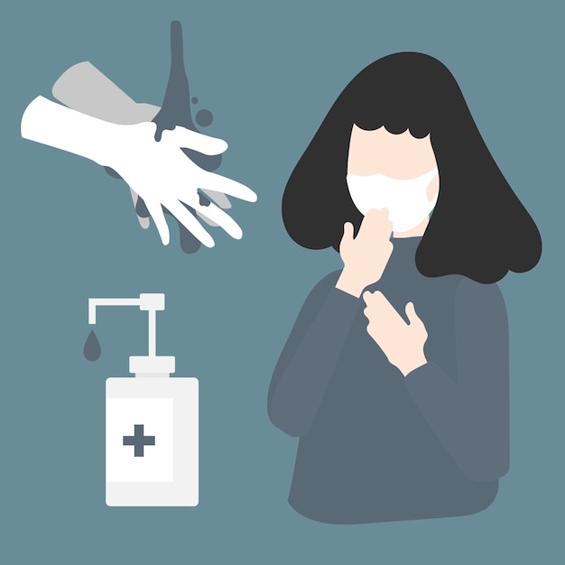 Бесплатное векторное изображение Женщина в защитной маске и моет руки от переносчика вируса covid 19