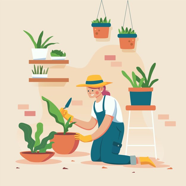 woman wearing gloves and gardening her plants