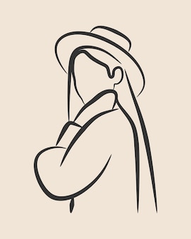 Woman wearing hat girl silhouette line art