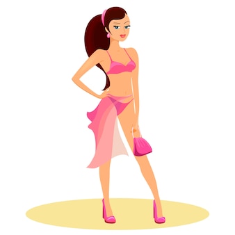 Женщина на высоких каблуках и розовом двойном купальнике