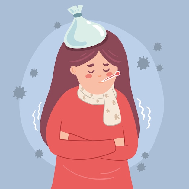 Free vector woman wearing warm clothes and having a flu