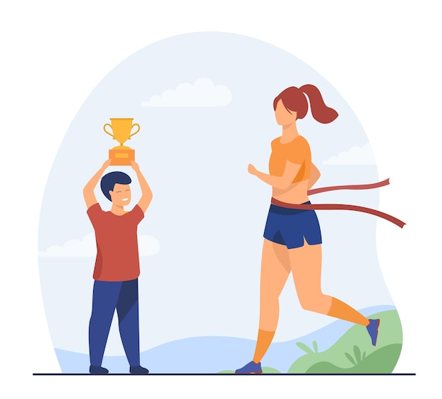 Free vector woman winning running race and boy holding cup. gold, jogging, athlete flat  illustration. cartoon illustration