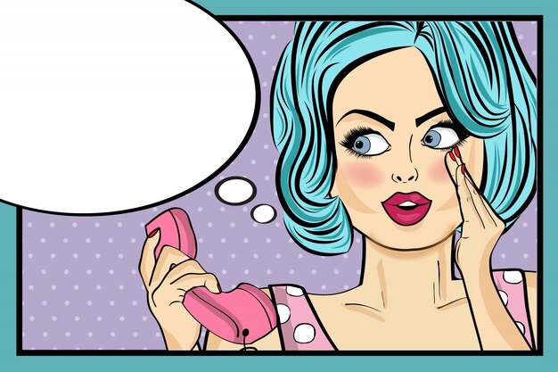 Woman with blue hair talking on phone, comic style