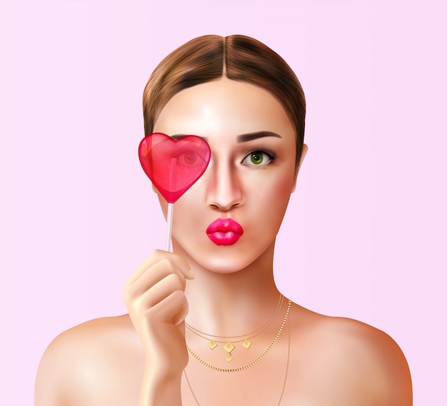 Woman with candy realistic composition with portrait view of young woman and heart shaped candy lollipop