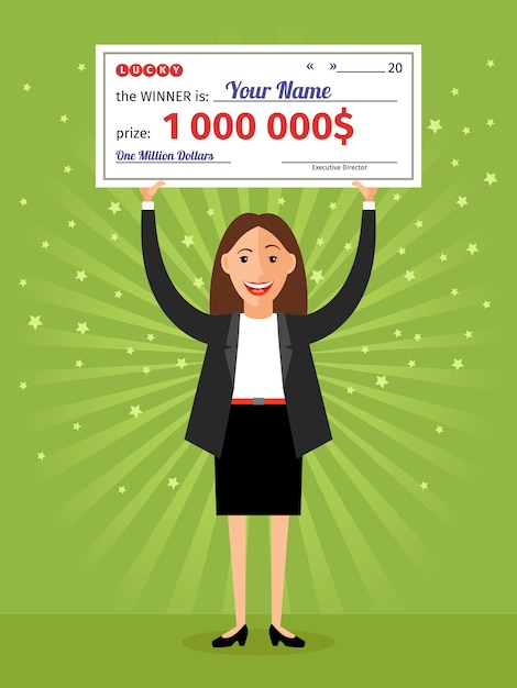 Free vector woman with check for one million dollars in hands. money and business, finance success rich, lottery and award