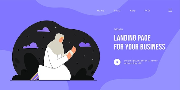 Woman with covered head praying at night landing page template