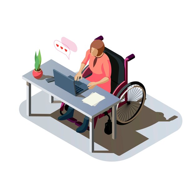 컴퓨터에서 작업하는 책상에 장애를 가진 여자. 휠체어에 부상을 입은 여성이 일을하거나 온라인으로 의사 소통을합니다. 직장, 아이소 메트릭 그림에서 장애인 된 문자입니다.