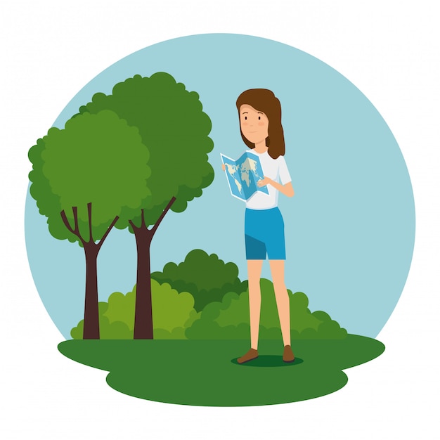 Free vector woman with global map and trees with bushes