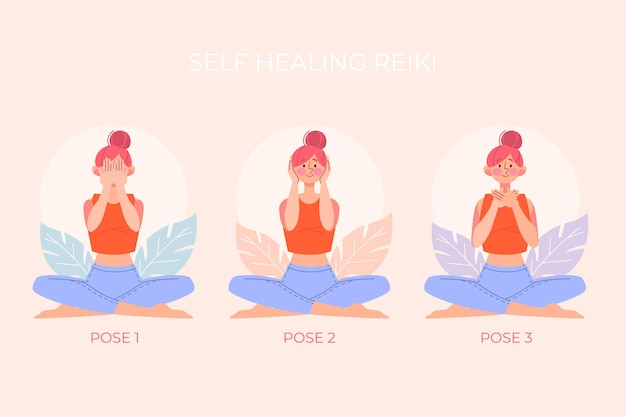 Free vector woman with hair bun self-healing with reiki poses