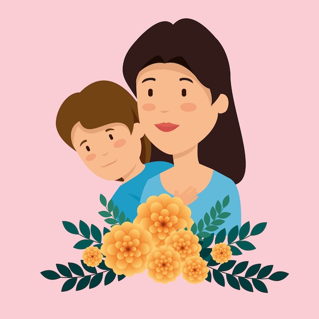 Женщина с сыном и цветами растений с листьями