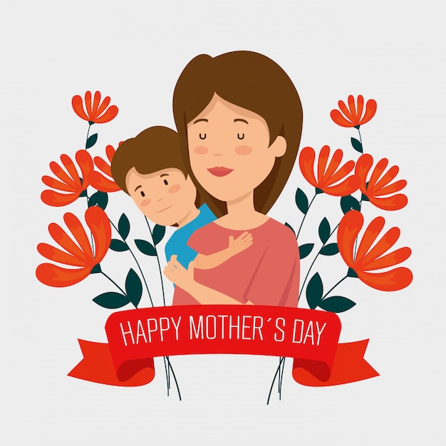 Free Vector woman with her son and flowers plants with ribbon