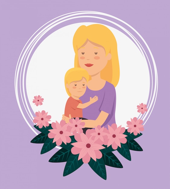 Free vector woman with her son and flowers with leaves to celebration