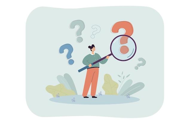 Free vector woman with magnifier analyzing question marks