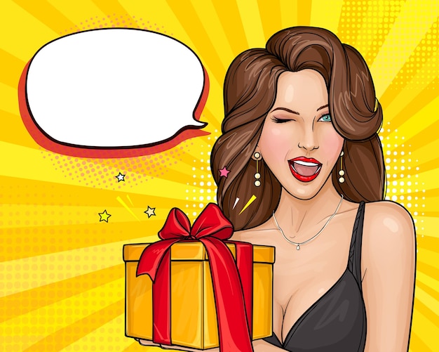 Woman with open mouth winking and holding bright gift box