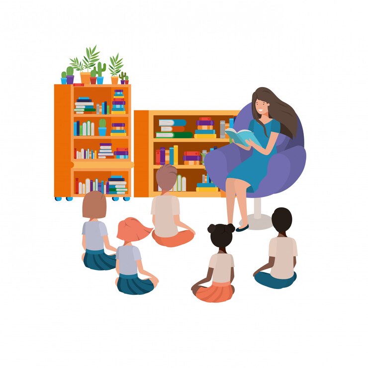 Free Vector woman with reading book in the sofa and children