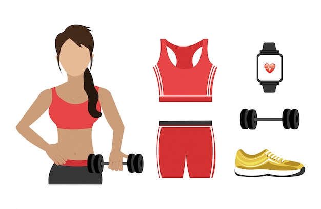 Бесплатное векторное изображение Женщина с фитнес-набором иконок