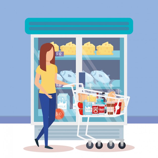 ショッピングカートと製品を持つ女性