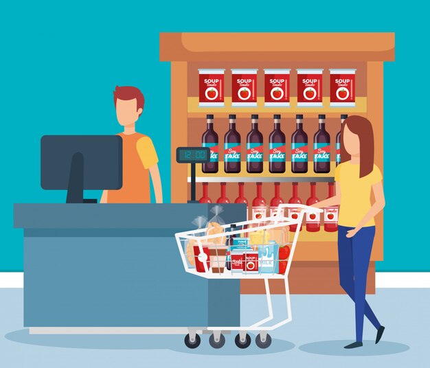 woman with shopping cart in supermarket