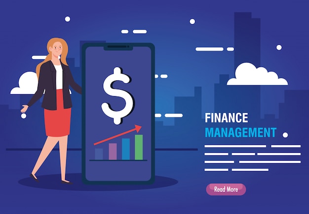 Free vector woman with smartphone and finance management icons