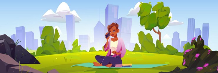 Free Vector woman with smartphone relax in city park relax