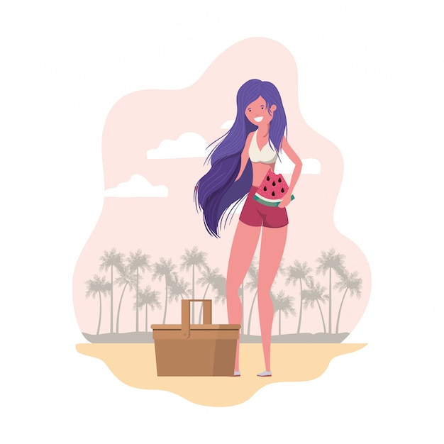 Бесплатное векторное изображение Женщина с купальником и порцией арбуза в руке
