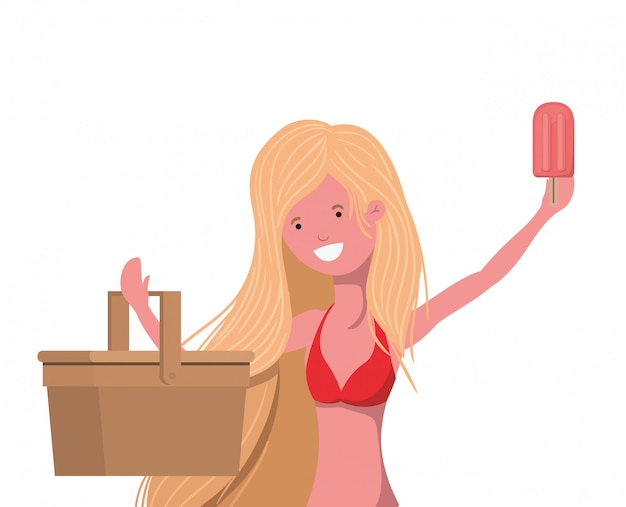 Бесплатное векторное изображение Женщина с купальником и соломенным пикником