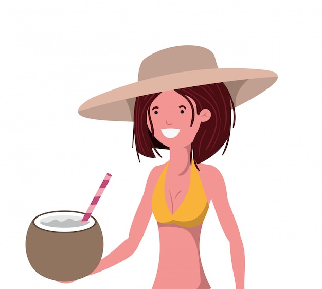수영복과 코코넛 물 손에 여자