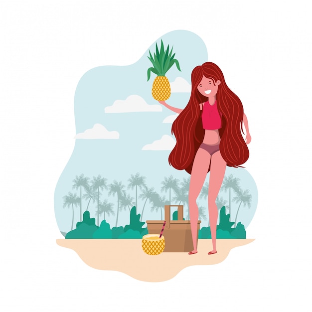 水着とパイナップルを手に持つ女性