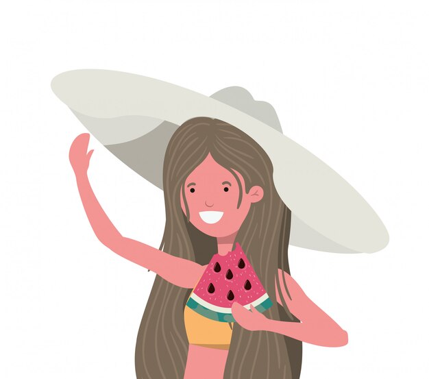 Женщина с купальником и порцией арбуза в руке