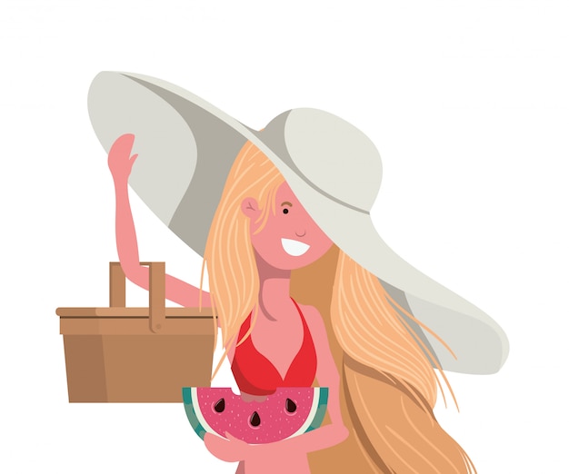 Free vector woman with swimsuit and portion of watermelon in hand