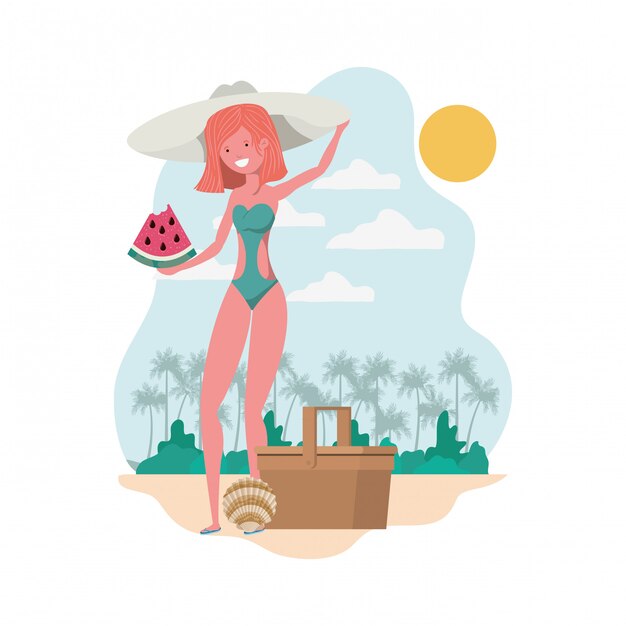 Woman with swimsuit and portion of watermelon in hand