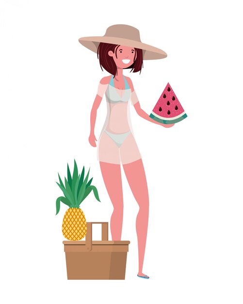 Woman with swimsuit and portion of watermelon in hand