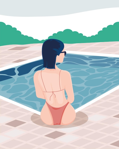 женщина в купальнике сидит в бассейне