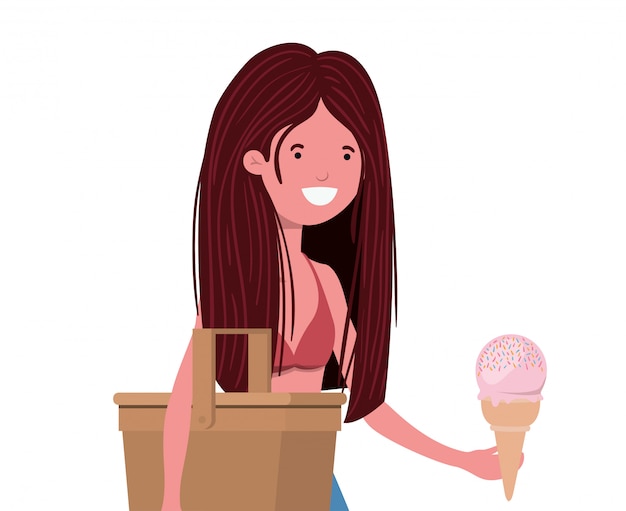 Free vector woman with swimsuit and straw picnic