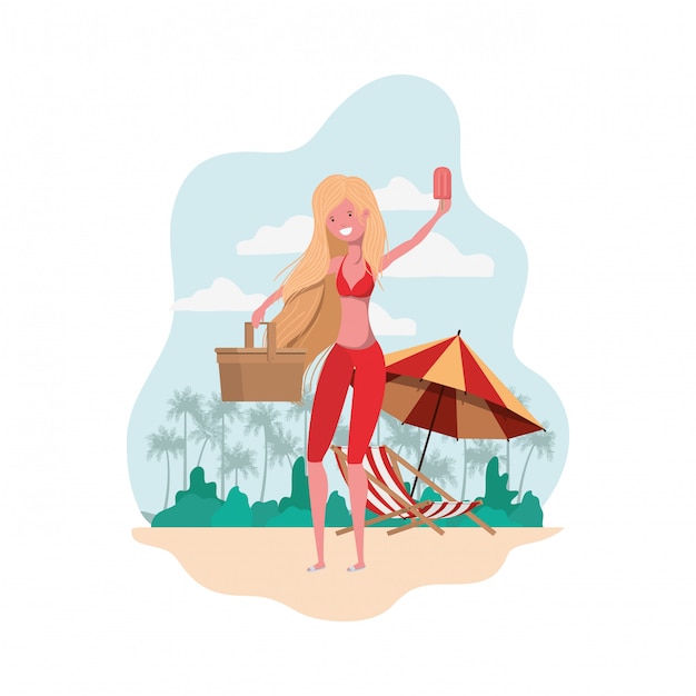 Free vector woman with swimsuit and straw picnic