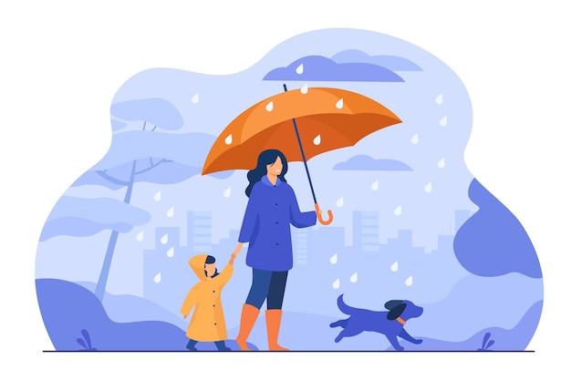 無料ベクター 傘を持つ女性、レインコートを着た女の子、都市公園で雨の中を歩く犬。家族の活動、悪天候、土砂降りの概念のベクトル図